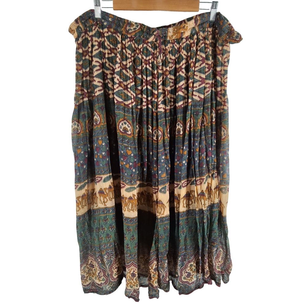 Vintage Indian Cotton Gauze Broomstick Skirt Camel Heart Block Print Boho Maxi